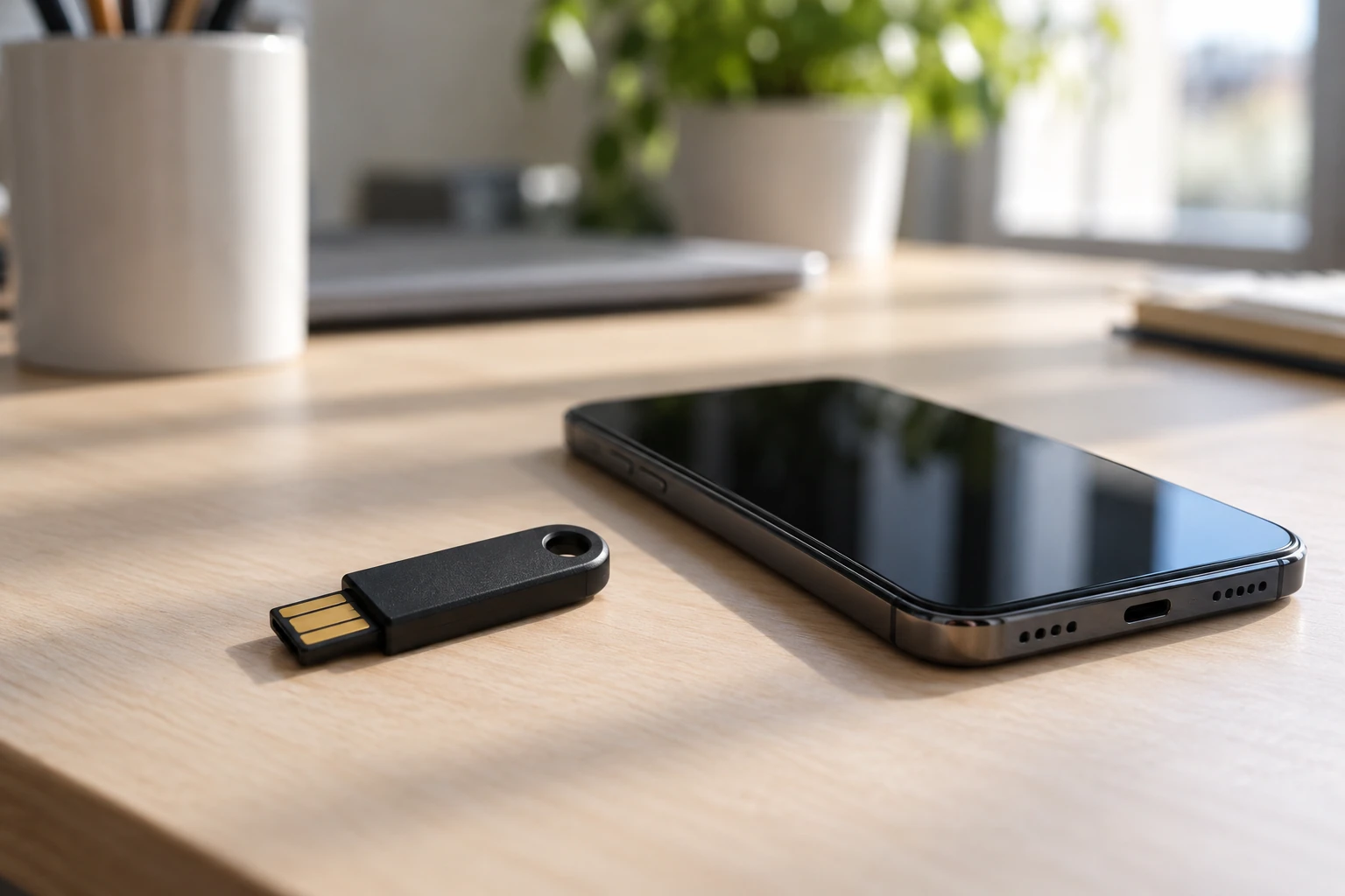 Chiavetta di sicurezza USB accanto a smartphone nero su scrivania in luce naturale