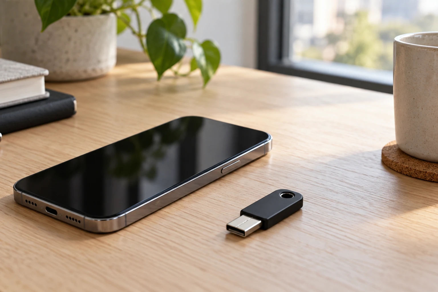 Smartphone e security key USB su scrivania vicino finestra, tazza e pianta