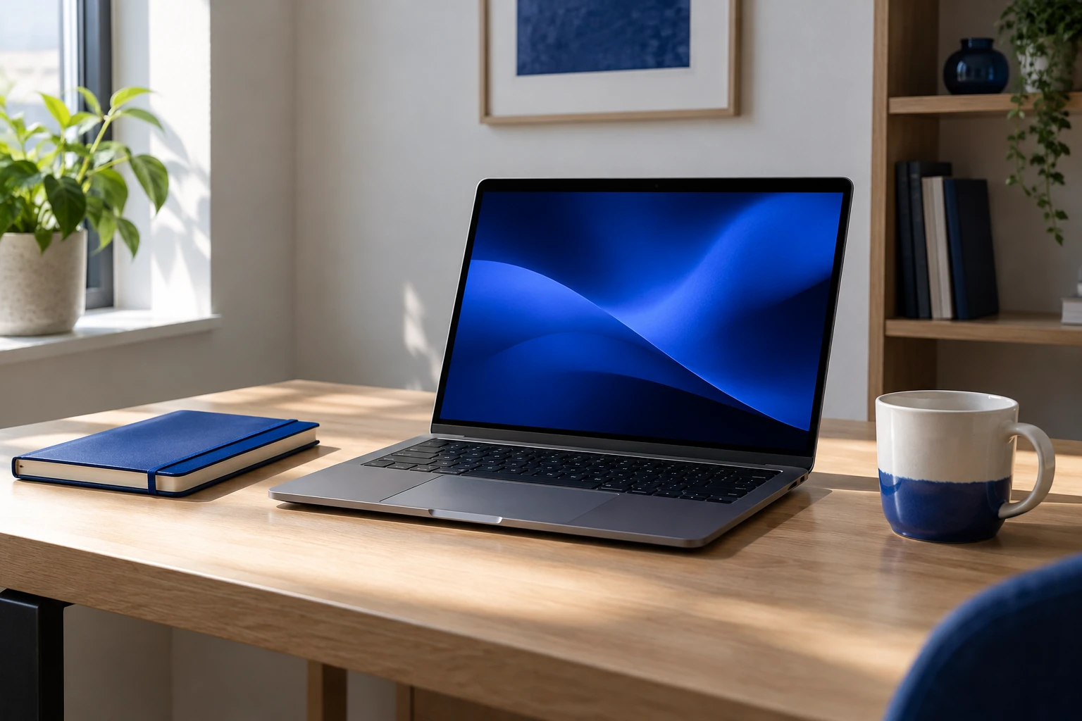 Laptop acceso con schermata blu su scrivania in legno, tazza, quaderno, luce naturale