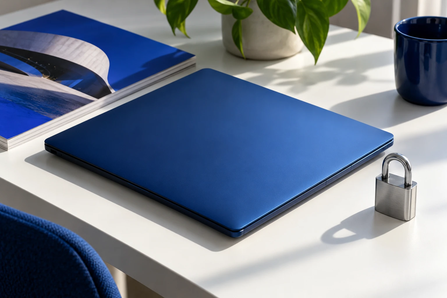 Portatile blu chiuso su scrivania con lucchetto metallico e pianta sullo sfondo