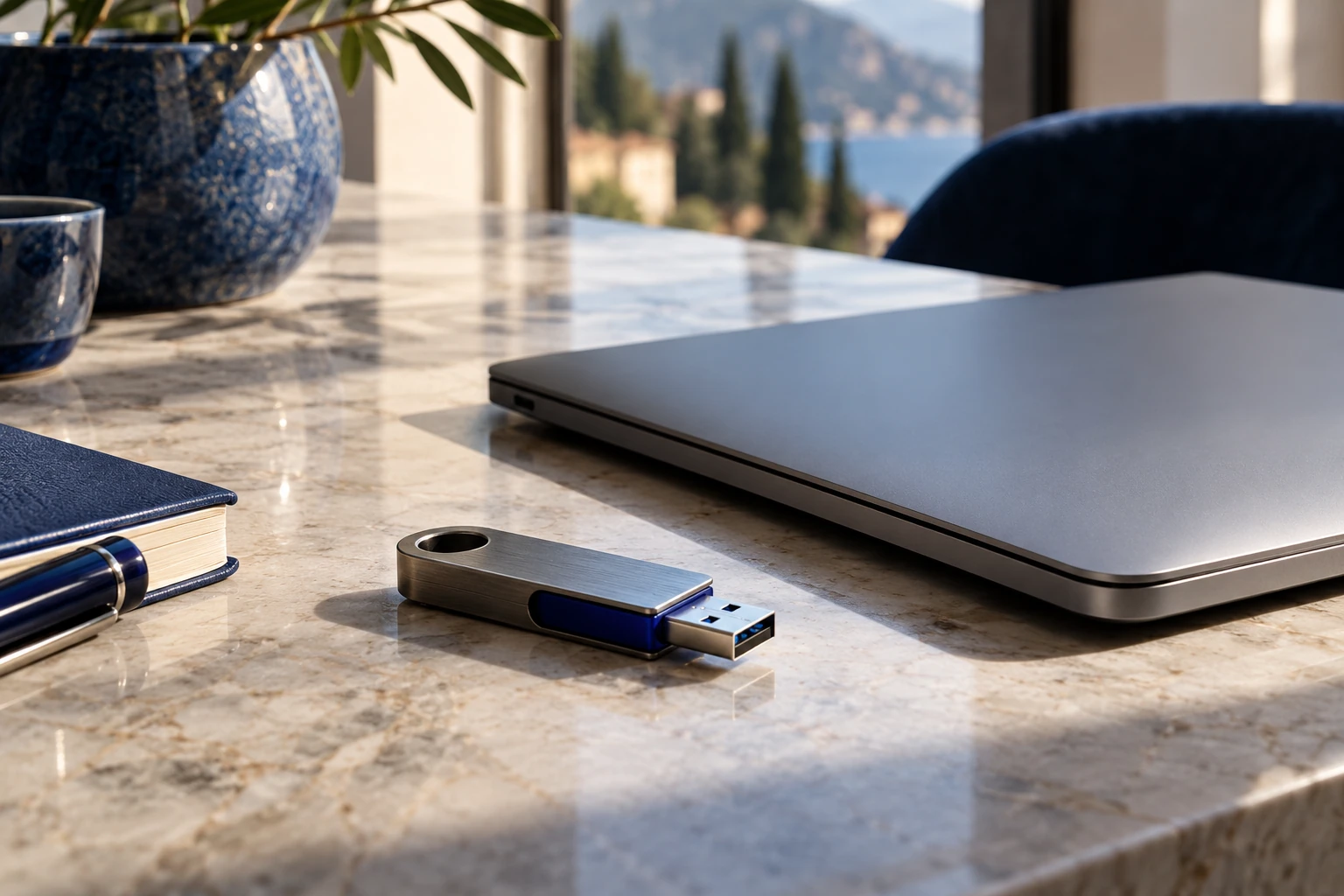 Chiavetta USB su scrivania vicino a laptop chiuso, taccuino e luce naturale